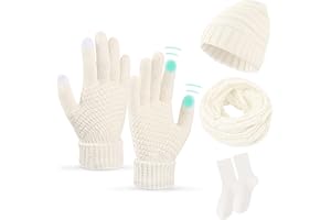 IDYLLIC 5Pcs Ensemble Bonnet Echarpe Gant Femme,Confortable Ensemble chaud d'hiver tricoté,Hiver Beanie Bonnet Tricotés Ensemble d'hiver avec Gants Tactiles Chaussettes,pour Femme Sports De Plein Air d'Hiver