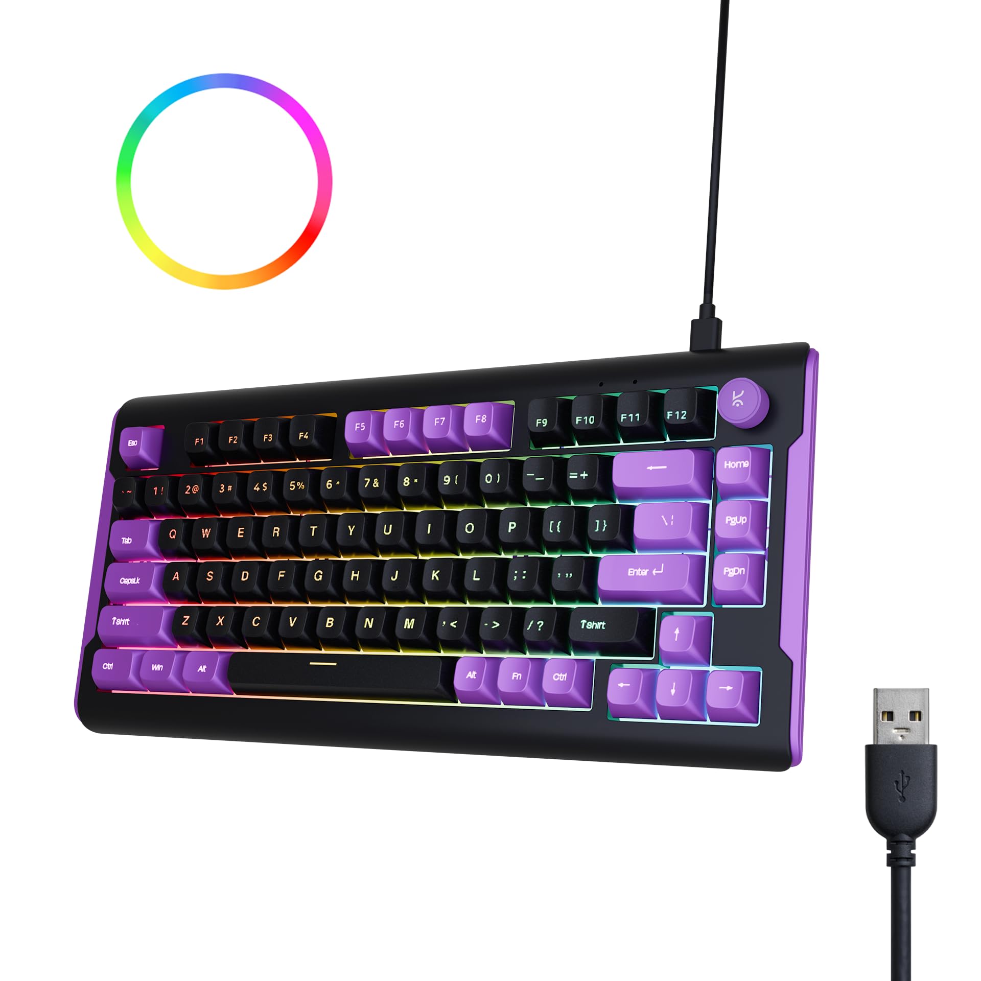 Kreo Hive Lite Wired RGB Membrane Gaming Keyboard, Ultra Silent 75% Compact Keyboard, RGB Keyboard Volume Knob, Windows Game Mode Lock Key Board Gaming with RGB Backlight Keyboard (Black, Purple)
