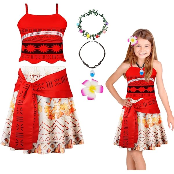 Déguisement Moana Fille AUYAO - Robe Princesse Vaiana + Collier & Accessoires - Taille Variable