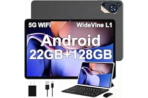 SKYEGG Tablet 10 Pulgadas Android 14, 22 GB RAM + 128 GB ROM (Ampliable a 1TB), Widevine L1, 5G Wi-Fi, GPS, 8000 mAh, 8 Cores 2.0 GHz, 5MP + 8MP, FHD Tablet con Teclado + Ratón + Funda, Gris