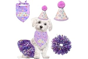 KASESSS 3 Pezzi Compleanno Cane Bandana da Festa, Set di Bandana per Cani di Compleanno, Cappello da Festa, Glitterato Gonna per Animali Domestici, Regolabile decorazioni di Compleanno per Cani, Viola