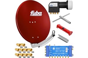 Fuba 8 Teilnehmer Digital SAT Anlage 78cm Schüssel DAA780R Ziegelrot + hb-digital UHD 414 S Quattro LNB 0,1dB HDTV 4K + UHD-MS 5/8 Multischalter + Aufdreh-Set + 24 vergoldete F-Stecker Gratis dazu