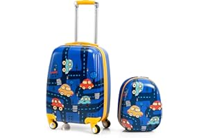 GOPLUS Valise Enfant Fille Garçon, Valise Enfant 18” ＆Sac à Dos 12”, Trolley à roulettes ABS, Hauteur de Poignée Réglable, Valise de Voyage Bagage Cabine en Vol (Voiture)