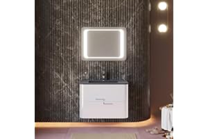 Kiamami Valentina - Mobile bagno sospeso 80 cm bianco, lavabo nero opaco, specchio LED | Hollywood