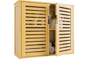 HITNET Szafka łazienkowa naścienna, bambusowy organizer do przechowywania nad toaletą, oszczędzająca miejsce szafka na leki z podwójnymi drzwiami i regulowanymi półkami, Naturalna