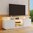 Meuble TV Moderne Avec éclairage LED - 140x38x38 Cm, Blanc Brillant, étagères Verre, Pour Téléviseur Jusqu'à 60"