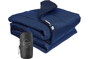 onewind Couverture de camping en nylon recyclé Dupont Sorona, chaude, moelleuse, respirante, coupe-vent, pliable, légère pour randonnée, voyage, plage, bleu marine