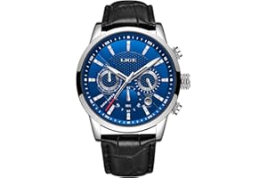LIGE Men's Watch Chronograph Waterproof Quartz Analogue Stainless Steel Leather Bracelet Calendar Watch…