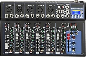 HUSPOO Audio Mixer Channel, 7 Channel DJ Mixer USB Studio Mixer 48V Phantom Power Sounds Mixer Bluetooth for Live, Recording, Live Streaming, Podcasting, Karaoke (7 Channel)