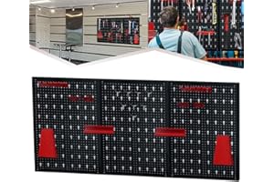 TRMLBE Pared de herramientas de 120 x 60 x 2 cm, pared perforada de metal con accesorios, juego de chapas perforadas de tres piezas con 17 piezas para taller