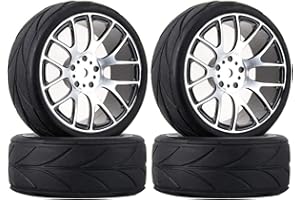 KINGCOO RC Auto Reifen und Räder Set, 4Stück 64mm Gummireifen und 7Y-Form Aluminium Legierung Metall Felgen Rad 12mm Hex für 1/10 RC On-Road Run-Flating Touring Racing Auto Reifen (Schwarz)