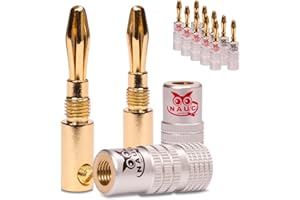 NAUC Bananenstecker für Lautsprecherkabel - 12 Stück Stecker als Set - Steckverbinder 24K vergoldet schraubbar - für Hifi Receiver Verstärker