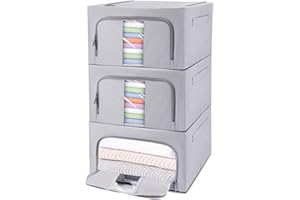 Tapvai 3 sztuki, mocne, składane pudełko do przechowywania ubrań, z zamkiem błyskawicznym, torba do przechowywania z metalową ramą, 72 l, torba do przechowywania kołder, ubrań (jasnoszare, 24 l)