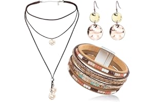 MWOOT Bohemian Jewelry Set for Women, Boho Vintage Layered Leather Bracelet, Long Pendant Leather Necklace Adjustable, Rose Gold Disc Dangle Drop Earrings, Western Jewelry Set