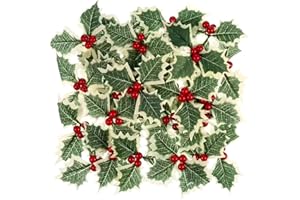 UZEXYO 30 Pcs Artificial Holly Berries with Variegated Holly Leaves Picks for Christmas Decorations Wreath Garland Making and Festive Crafts