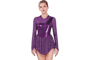 FYMNSI Damen Eiskunstlauf Kleid Pailletten Langarm Ballettkleid Gymnastik Leotard Turnanzug Tanzkostüm XS-XL