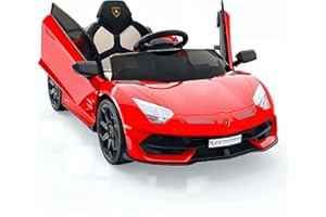 BALOVEBY Elektroauto für Kinder, 12V lizenzierte Lamborghini Kinderauto, batteriebetriebener Elektroauto mit Steuerung, 2 Geschwindigkeiten, Soundsystem, LED-Scheinwerfern und hydraulischen Türen (Rot)