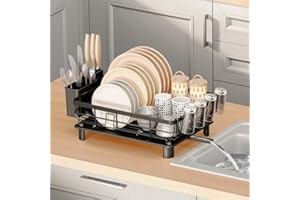 JOUING Egouttoir Vaisselle sur Evier Égouttoir à Vaisselle Noir Egouttoir Vaisselle en Metal Dish Rack avec Plateau Dish Drainer avec Porte Couverts et Porte Tasse (Noir
