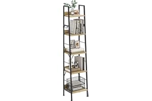 YITAHOME Bookcase 5 Tiers, Industrial Ladder Shelf Floorstanding Book Shelf Wooden Shelves and Metal Frame Book Rack Modern Shelving Unit for Living Room, Hallway, Office, Oak Color Bookshelf