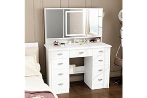 PREMTURE Tocador con iluminación LED, tocador con 3 espejos, 9 cajones, tocador con 5 estantes, gran espacio de almacenamiento, MDF, 50 x 110 x 137 cm, color blanco con mango de rosa plateado