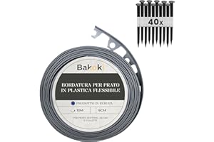BAKOKI Bordo flessibile per prato (10 m | 40 ancoraggi | 6 cm di altezza) grigio plastica resistente alle intemperie – bordo per aiuole – bordo per aiuole – bordo per tagliaerba