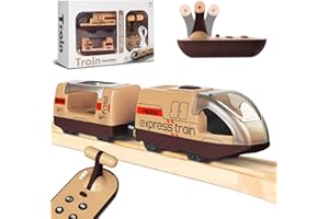 BEGINREALLY Tren Eléctrico a Distancia para Pista de Madera, Tren a Control Remoto y Motorizado con 4 Efectos de Sonido y Luz para Niños de 3 4 5+ Años, Compatible con Thomas,Brio,Chuggington (Marrón)