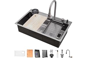 FGNIXLN Lavello da cucina a cascata, in acciaio inox T304, 86 x 50 cm, multifunzione, lavello da incasso, lavello con rubinetto multifunzionale e vari accessori (86 x 50 cm)