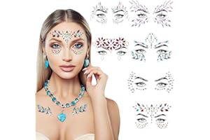 AILUYA 6 hojas de diamantes de imitación, piedras preciosas, tatuajes temporales, piedras brillantes autoadhesivas, pegatinas para cara, tatuajes, festivales, tatuajes para rave, carnaval, mascarada, música,