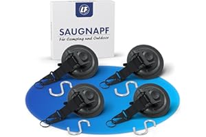 LAINFELD Haki z przyssawkami, zestaw 4 sztuk, z zapięciem na karabińczyk i dużymi haczykami, bardzo mocne, duże przyssawki na kemping, do samochodu, na balkon