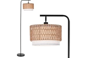 LuminexDesigns Rattan Floor Lamp Boho Floor Lamps for Living Room with Rattan & Fabric Shades, Foot Switch Control, Easy Assembly Tall Black Floor Lamp for Bedroom Office, Bulb not Included