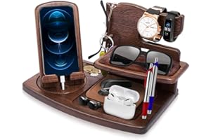 ROBOMANOR Cadeau Homme Organisateur de Bureau Bois Cadeau Papa Fete des Peres Support Telephone Bureau Support Montre, Cadeau Anniversaire Homme Idee Cadeau, Organiseur de table de Nuit, Idee Cadeau Homme Noel