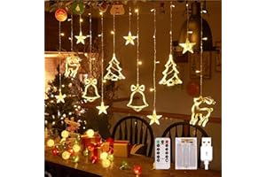 FemKey Luci Stelle Tenda, Tenda Luminosa Stelle Natale 3.5m 120 LED a USB/Batteria con Telecomando, Catena Luminosa di Finestra IP44 Luci di Natale 8 Modalità per Decorazione Natalizia Interno