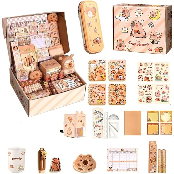 Set Cancelleria Capibara – Astuccio Con Penne, Evidenziatori, Gomme, Righello, Adesivi E Spilla, Tutto In Stile Kawaii, Ideale Per Studenti