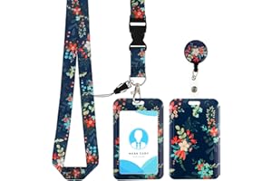 Amabro Porta badge identificativo con fiore con cordino, clip per bobina porta badge retrattile con cordini regolabili Cordino da collo durevole per personale di uffici Studenti Dipendenti (Blu Navy)
