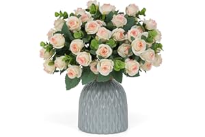 ‎JUSTOYOU JUSTOYOU 4-Bündel künstliche Champagner Rosen, Seide Rose Sträuße mit Eukalyptusblättern, Rose gefälschte Blume mit 44 Rosenköpfen für Hochzeit Home Geburtstagsparty Arrangement Garten Dekoration