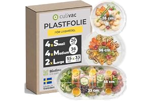 culivac Food Covers Tillverkad av Bioline ECO-LDPE Elastisk Naturgummi Klädlinda för skålar Matkaka Flugöverdrag Tillverkad i Sverige BPA-fri 10 Styck = 4 x 26 cm + 4 x 36 cm Rund + 2 x 55 x 33 cm