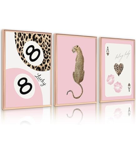 Fashion Cheetah Wall Art Set Of 3 Leopard Wall Decor Pictures Lucky 8 Ball Poster Canvas Painting Prints Dark Red Cheetah Artwork For Bedroom Living Room Framed 12x16 Inch