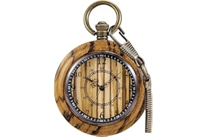Tiong Men's Vintage Pocket Watch - Handmade Bamboo Wood Retro Quartz Pocket Watches with Chain, Wooden Pendant Gift for Dad, Husband, Boyfriend on Birthday, Anniversary with Black Gift Box for Men
