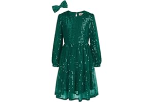 GRACE KARIN Vestido Niña de Manga Larga con Lentejuelas Vestido de Fiesta Elegante con Cuello Redondo Pliegues