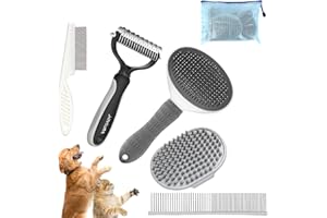 WOPQAEM 5 in 1 Dog Grooming Kit, Self-Cleaning Slicker Brush for Dogs & Cats, Shedding for Short & Long Haired Pets. Includes Comb, Flea Comb, Bath Brush, Undercoat Rake - Grey