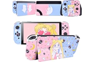 DLseego Pegatina Compatible con Switch OLED, Juego Completo de Calcomanías de Placa Frontal para Switch OLED Consola y Controlador Joy-con y Base, Azul y Rosa Sailor Moon
