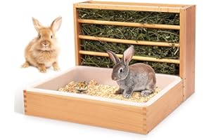 KMDZDZGS 2 in 1 Rabbit hay feeder, Wooden hay rack, Bunny Guinea Pig Holder Holder with Stainless bowls, plastic litter box, toilet, hay rack and water bottle, for rabbits, Chinchillas, rodents (2-in-1)