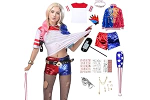 JMOCD Harley Déguisement Cosplay Costume Adulte Enfant, Déguisement Halloween Fille Femme T-shirt Shorts Veste Gant Perruque Autocollants de Tatouage Balloon Bat Collier