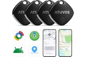 ATUVOS Dual System Air Tag Pro Tracker 4 pezzi Nero, Localizzatore Bluetooth Funziona con Android Google Funzioni Trova o iOS Apple Dov'è APP (Huawei non Supportato), per Bagagli, Borse, Portafoglio.