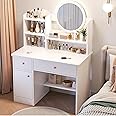 TOYBY Dressing Table,Makeup Table with Drawers,Vanity Desk with Mirror and led Lights,Makeup Vanity Desk,Multifunctional Makeup Writing Desk for Bedroom (White)