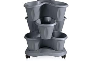 MamboCat Geranio Säulentopf Etagen Pflanzturm I stapelbare Pflanztöpfe auf Untersetzer mit Rollen I Kräuterturm I vertikaler Garten Outdoor I Kräutergarten für die Küche I Blumenständer grau