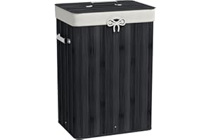 HOMCOM Cesto de Ropa Sucia Plegable con Tapa, Cesta Ropa Sucia de Bambú, 2 Compartimentos, Bolsa Extraíble, para Dormitorio, Baño, Lavandería, 40x30x60 cm, Negro