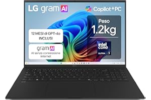 LG gram AI 16Z90TL Copilot+ PC, Notebook 16" 2.5K, Intel Core Ultra 7 (Serie 2) 256V, 16GB RAM, 512GB SSD, AI PC, Ultraleggero solo 1.2 kg, Batteria 77Wh, Windows 11 Home, Tastiera italiana, Nero