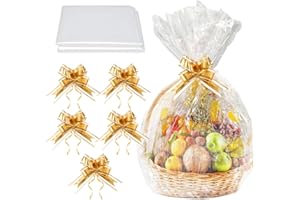 QEDBOJE Lot de 5 sachets en cellophane transparent avec nœud, pour paniers, fleurs, travaux manuels, cellophane emballage et emballages cadeaux (50 x 70 cm) (Transparent)