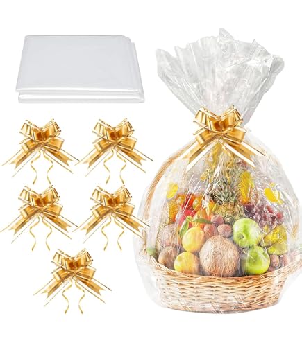 Kit Panier Cadeau 30x20cm - Inclut Ruban, Sacs Cellophane, Papier Déchiqueté | Pour Noël, Fêtes, Anniversaires | Jaune